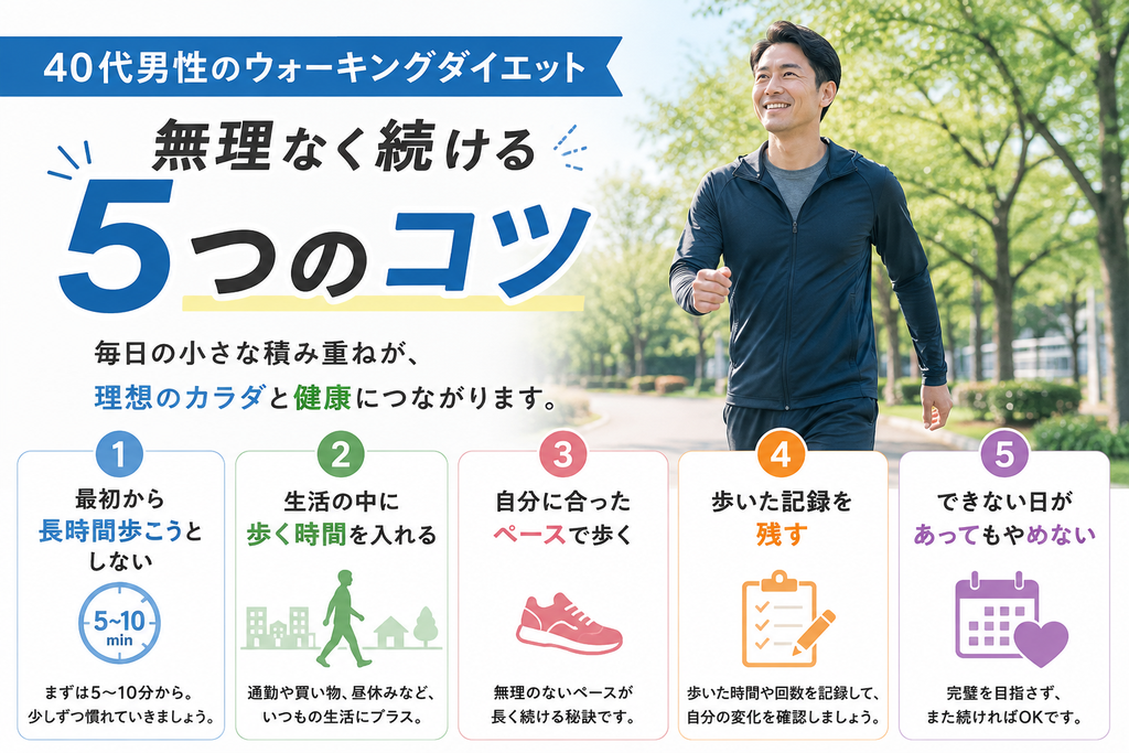 40代男性がウォーキングダイエットを無理なく続ける5つのコツ
