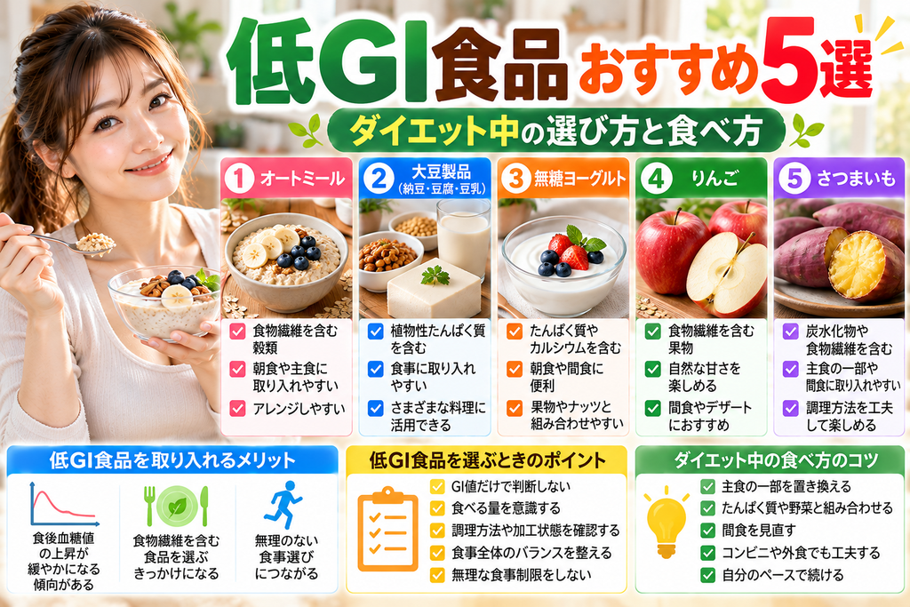オートミール・大豆製品・無糖ヨーグルト・りんご・さつまいもの特徴と食べ方を紹介する低GI食品5選
