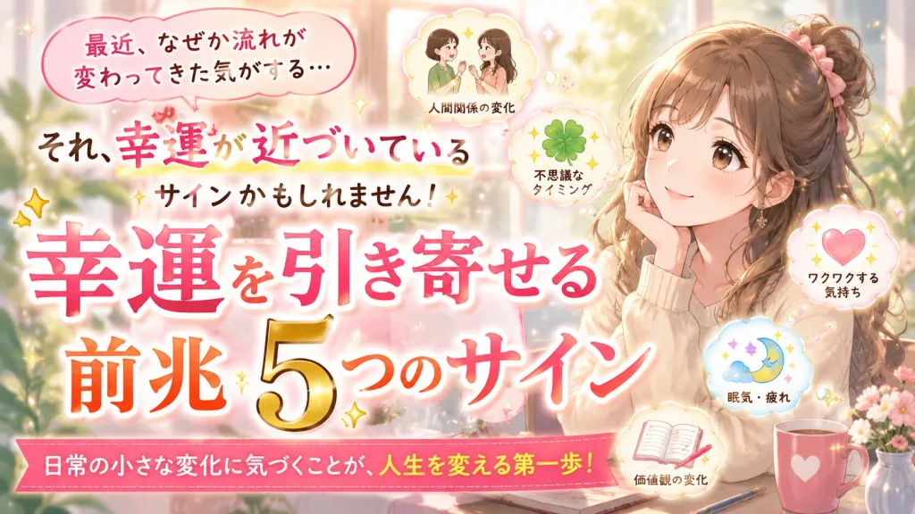 人生が好転する前に現れる幸運のサイン5つを紹介するイラスト