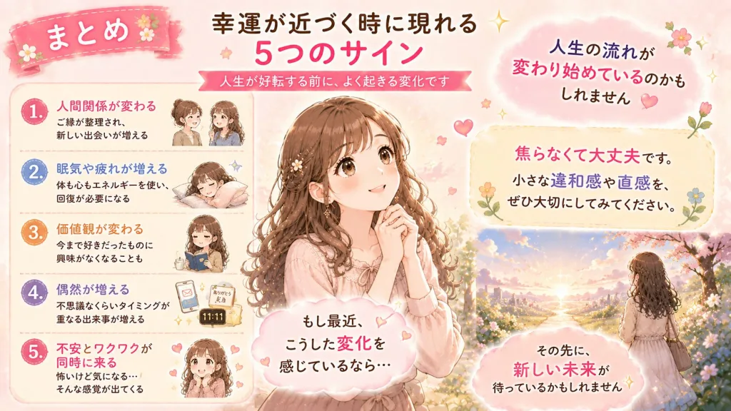 幸運が近づく時に現れる5つのサインをまとめたイラスト