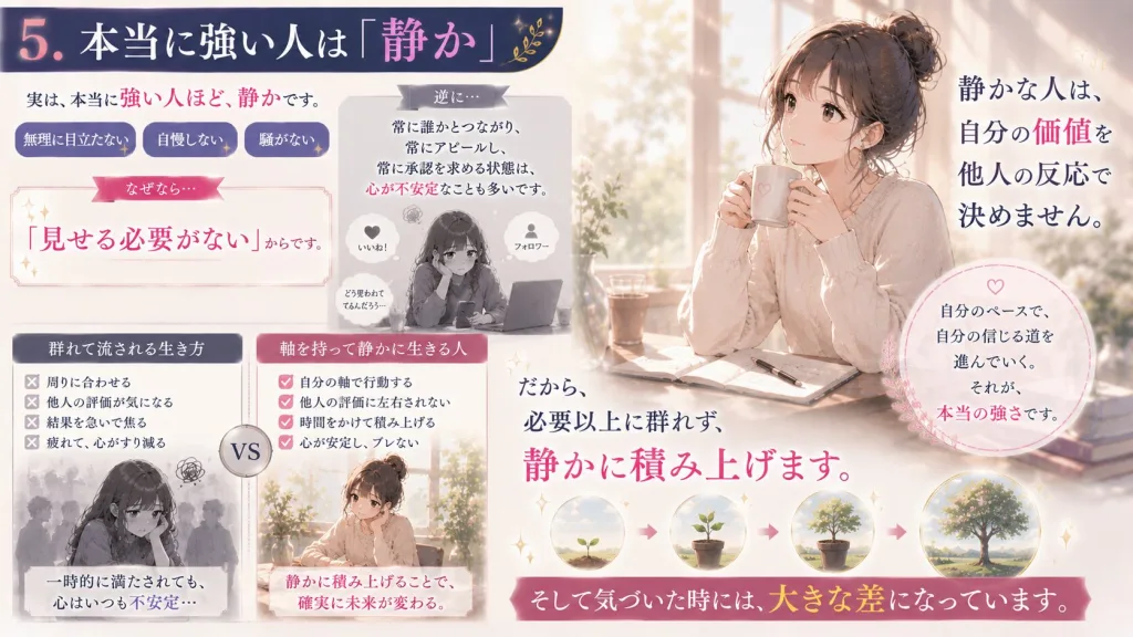 本当に強い人ほど静かであることを解説したイラスト