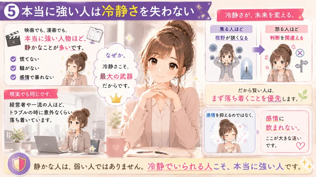 本当に強い人は冷静さを失わないことを解説したイラスト