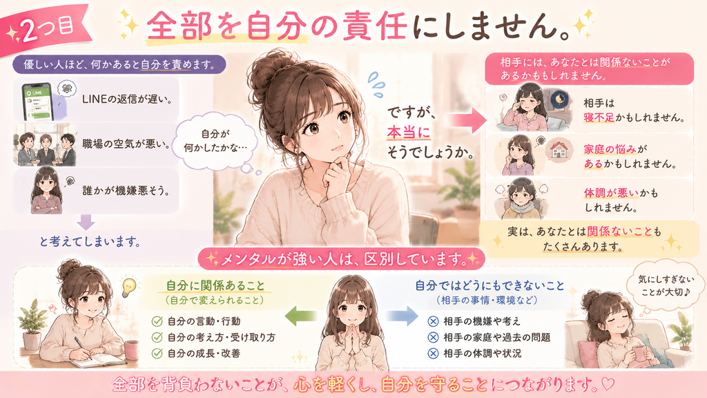 すべてを自分の責任にせず心を守る考え方を解説したイラスト