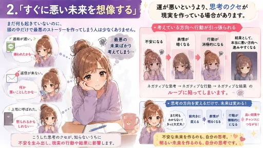 悪い未来ばかり想像する思考の癖を見直す方法を解説したイラスト