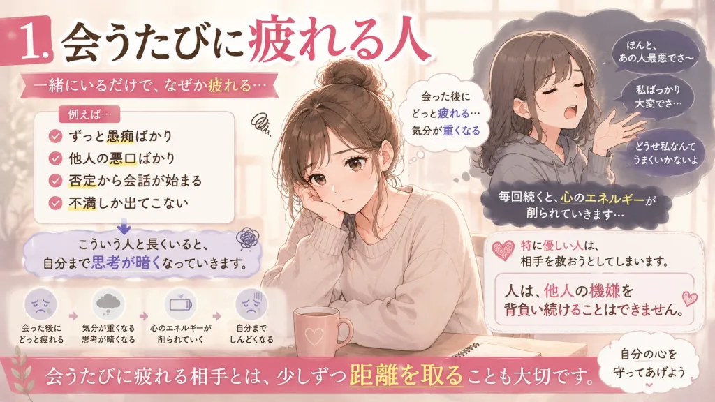 会うたびに疲れる人の特徴を解説したイラスト