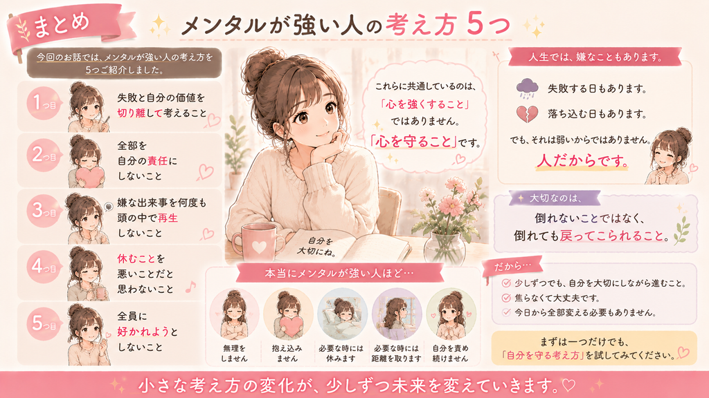 メンタルが強い人に共通する5つの考え方をまとめたイラスト