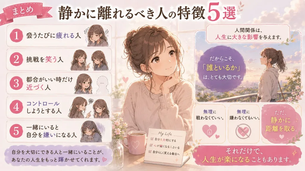 静かに離れるべき人の特徴5選まとめイラスト