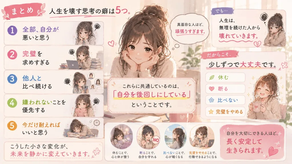 人生を壊す5つの思考の癖をまとめたイラスト