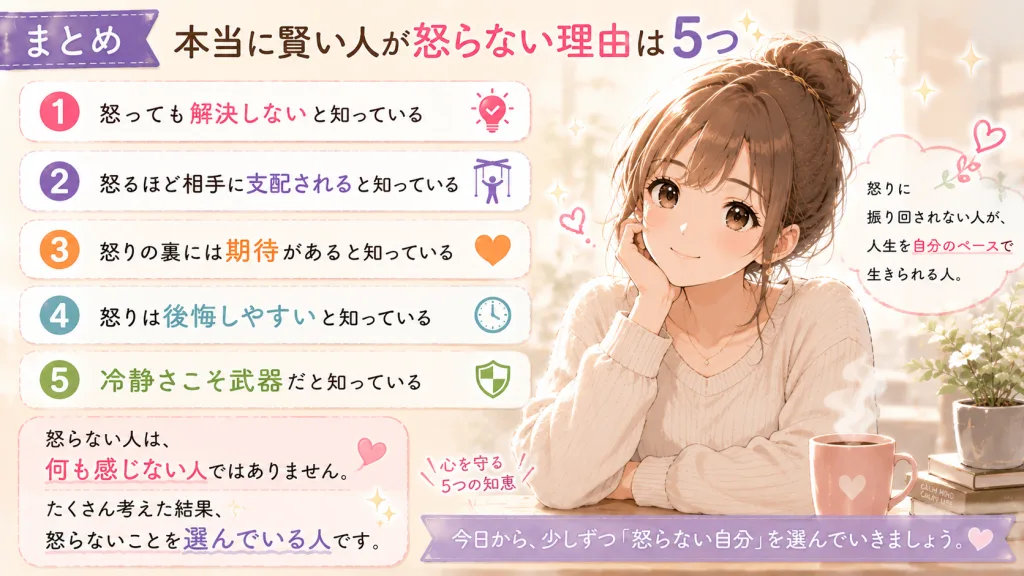 怒らない人に共通する5つの考え方をまとめたイラスト