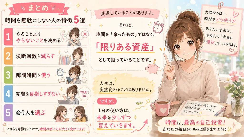 時間を無駄にしない人に共通する5つの特徴をまとめたイラスト