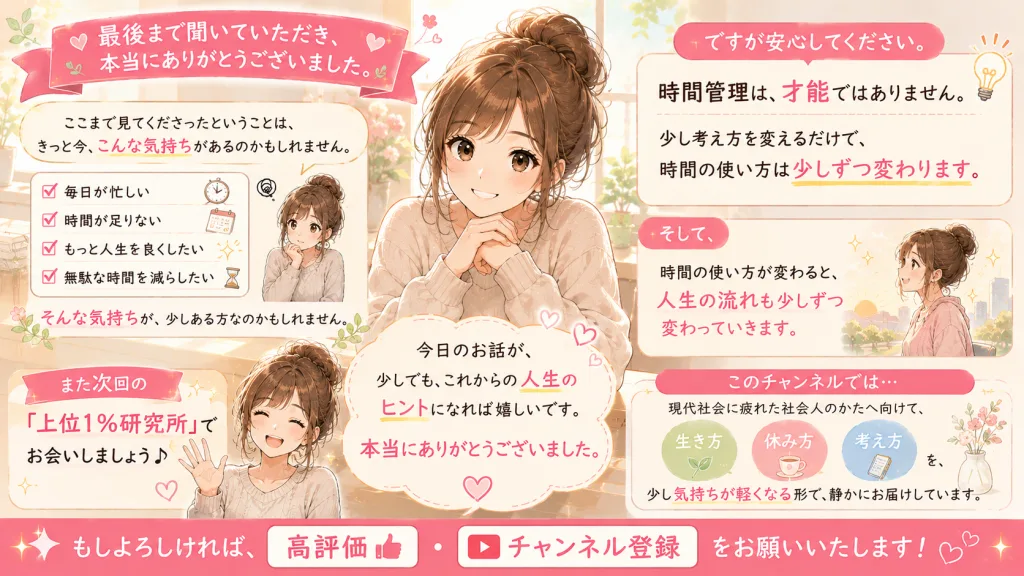 限りある時間を大切にして人生を変える考え方を伝えるイラスト