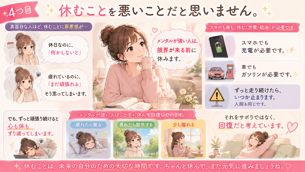 休むことを悪いと思わず心を回復させる考え方を解説したイラスト