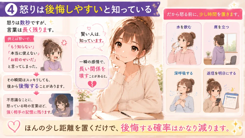 怒りは後悔しやすいことを解説したイラスト