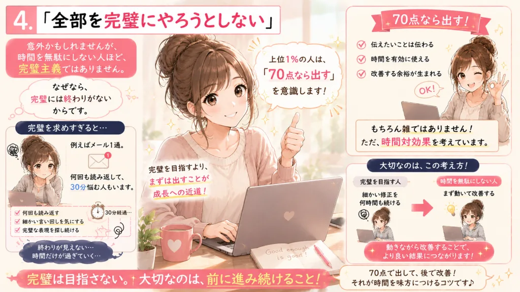 完璧を目指しすぎず時間対効果を考える方法を解説したイラスト