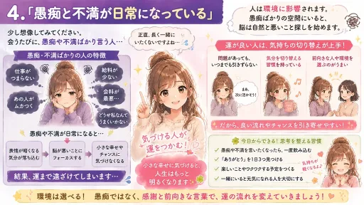 愚痴と不満ばかりになる習慣を見直す考え方を解説したイラスト
