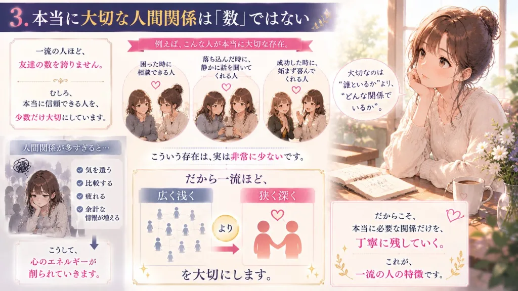本当に大切な人間関係は数ではないことを解説したイラスト