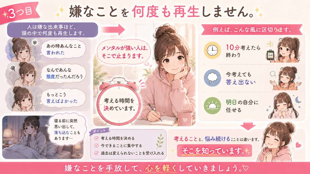 嫌な出来事を何度も考え続けない方法を解説したイラスト