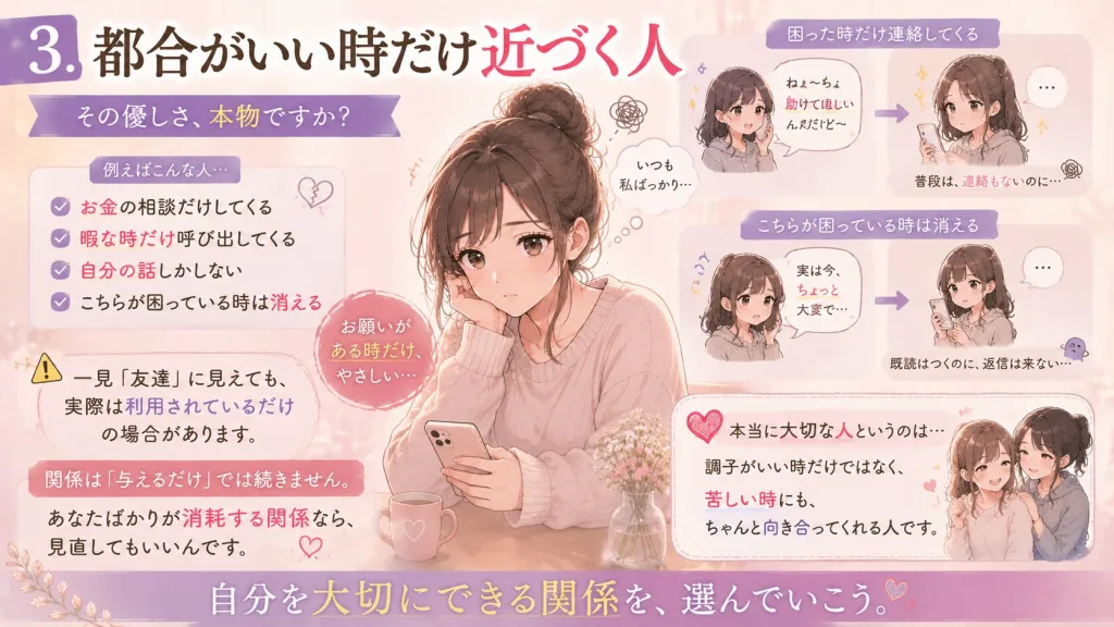 都合がいい時だけ近づく人を解説したイラスト