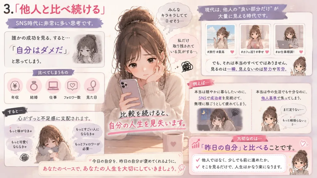 他人と比較し続ける危険性を解説したイラスト