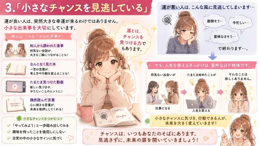 小さなチャンスを見逃さず人生の可能性を広げる考え方を解説したイラスト
